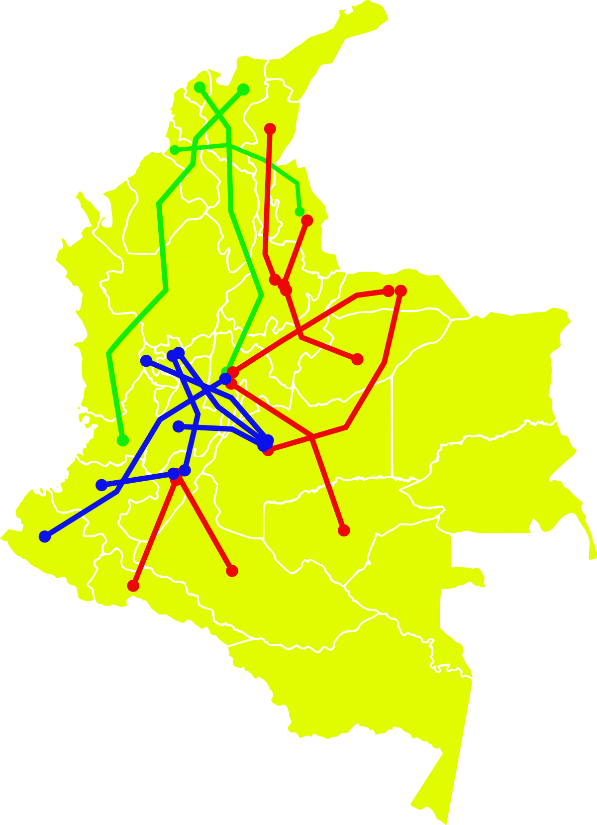 mapa de colombia rutas tracto express amarillo